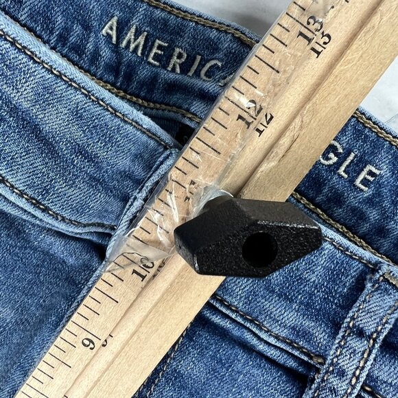 American Eagle Jean Women 32x29 Super Hi Rise Flare Blue Distressed Denim Tag 12 - Picture 15 of 16